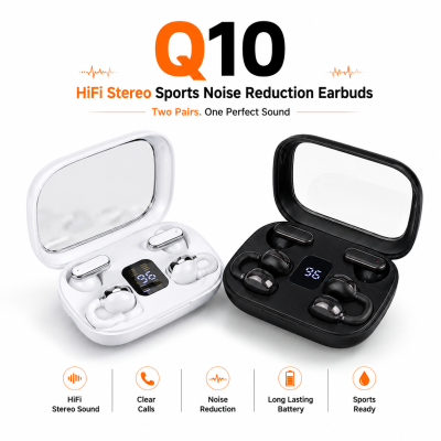 Q10 HiFi Stereo Sports Wireless Earbuds (2 Pairs) – 4-in-1 Combo Set with In-Ear & Open-Ear Clip Design, Bluetooth 5.4, LED Digital Display & IPX4 Waterproof